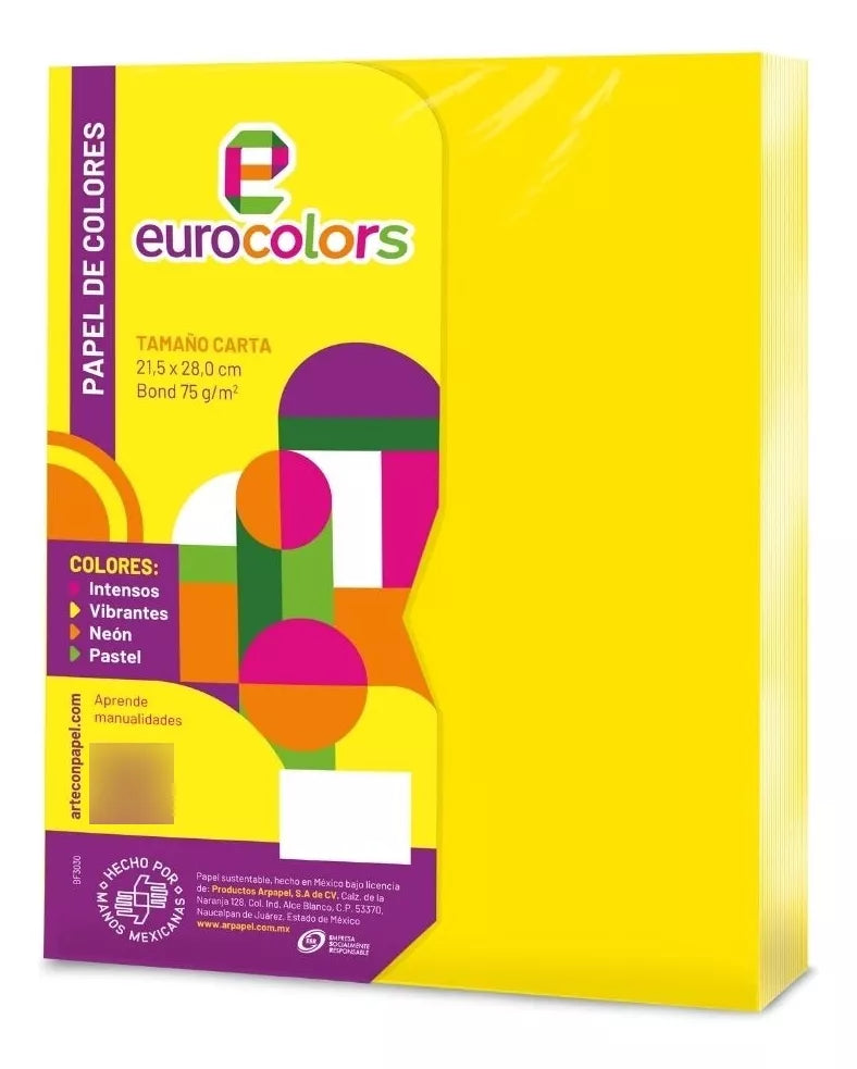 100 Hojas Color Amarillo Neón Eurocolors Tamaño Carta