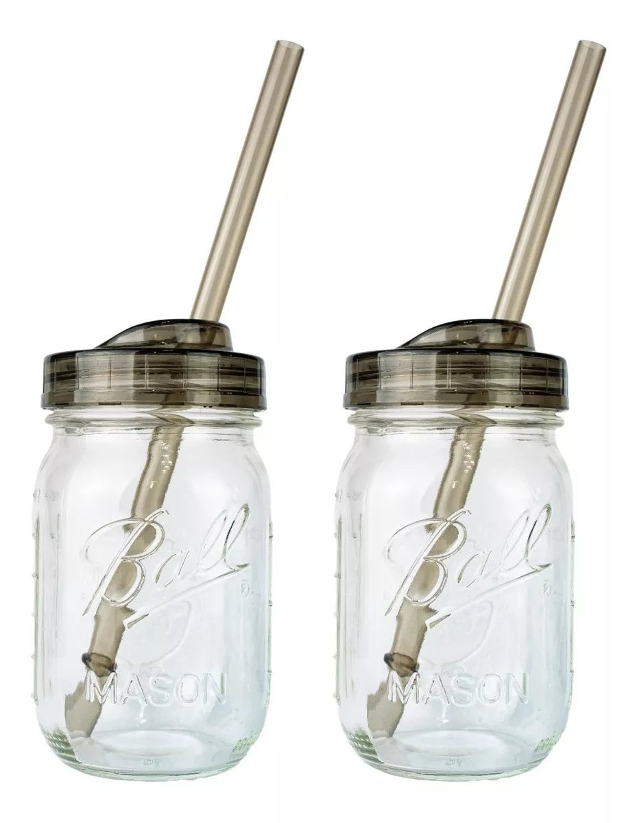 Frasco 16oz Mason Jars Ball Con Tapa Humo Boca Regula 2 Pack