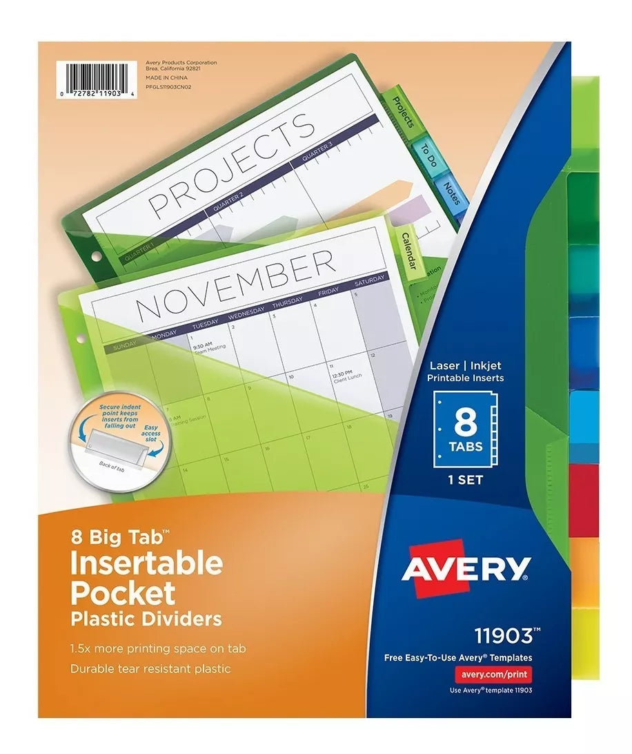 8 Separadores Avery Bolsas Interior Carpeta Pestañas Colores