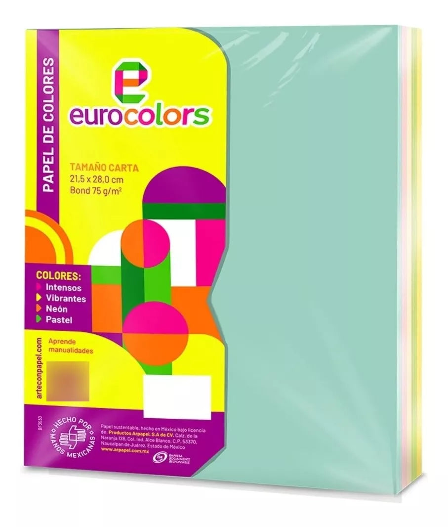 100 Hojas Color Pastel Arcoiris Eurocolors Tamaño Carta