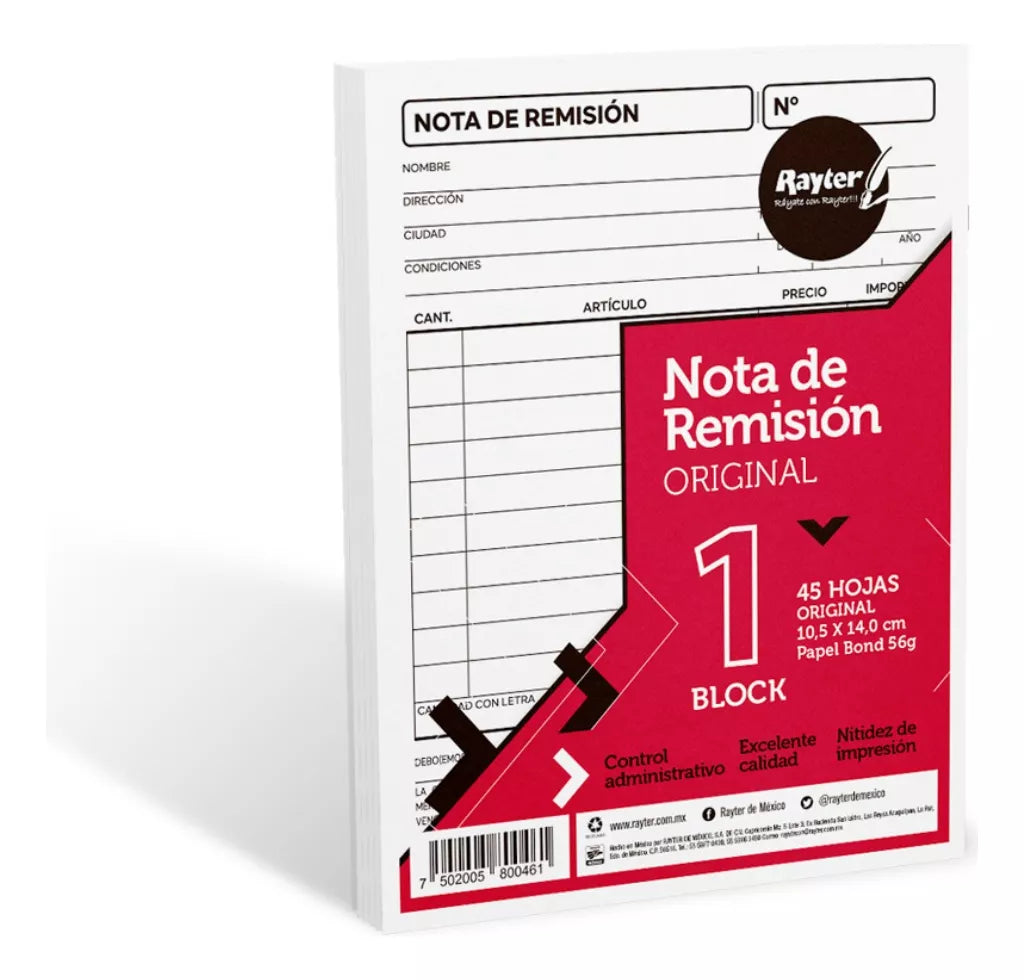 6 Block Nota Remisión 1/4 Rayter 45 Hojas C/u Original 56g