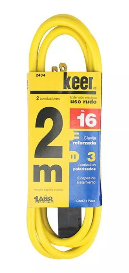 2m Extensión Amarilla 2 Conductores Keer Uso Rudo Calibre 16