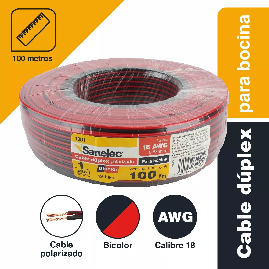 Rollo De 100 Metros De Cable Para Bocina Calibre 18 Sanelec