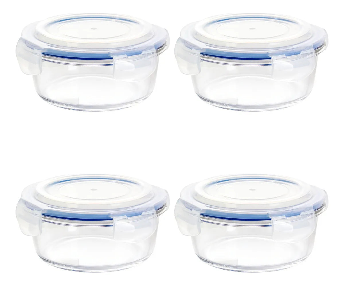 4 Contenedor Hermetico Vidrio Redondo Mediano 620 Ml