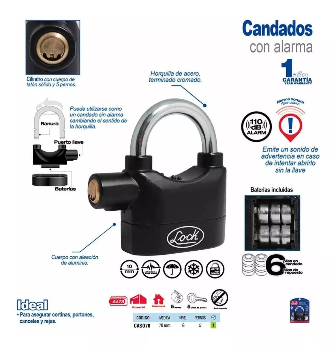 Candado Alarma Lock Doble Cerrojo 70 Mm Negro Llave Puntos