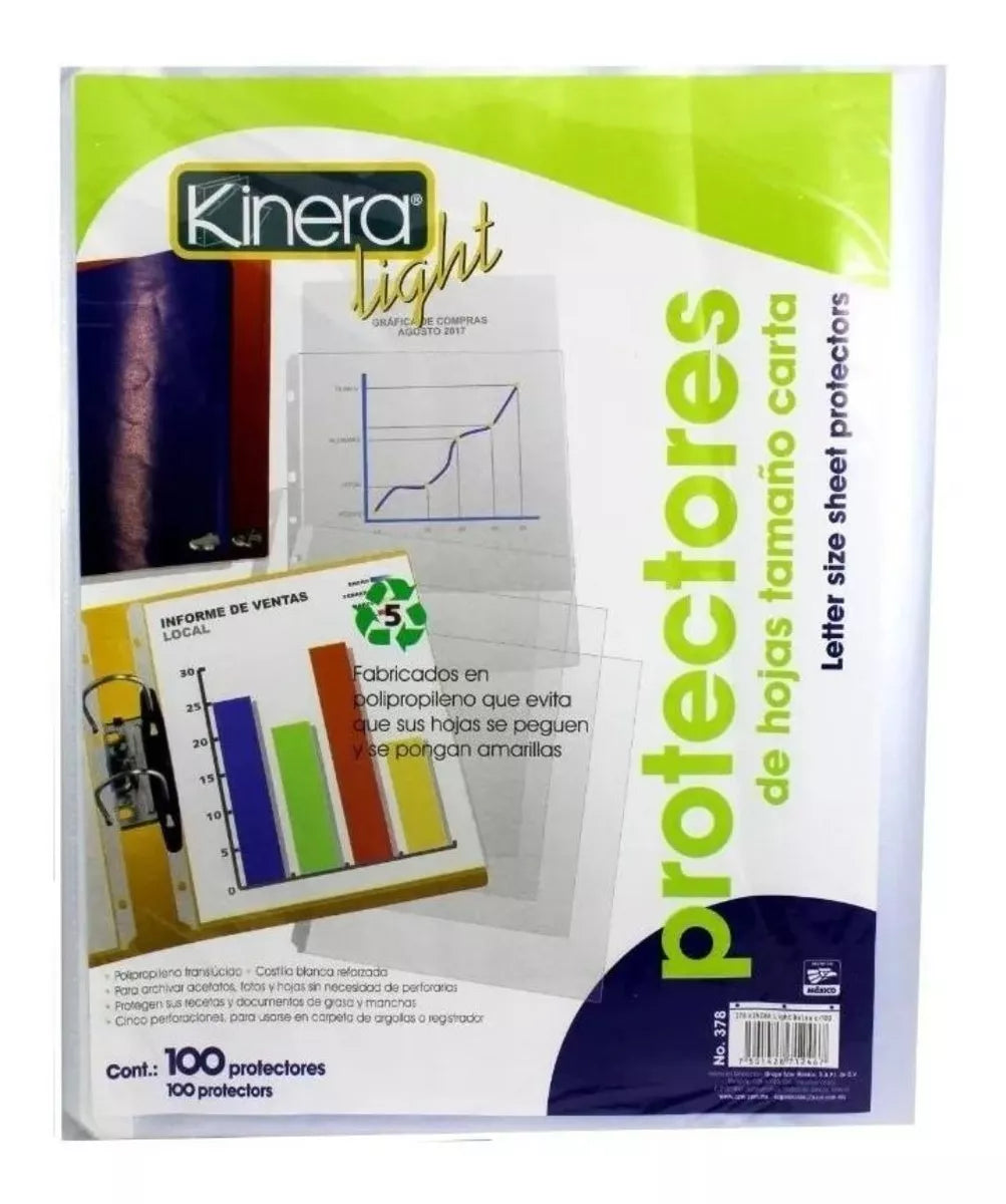 100 Pz Protector Hoja Light Kinera Tamaño Carta Translucido