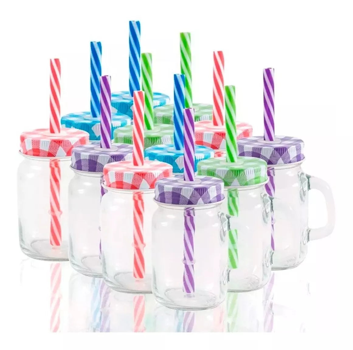 12 Mason Jars 4oz Mini Con Asa Frasco Tarro Vaso Tapa Popote