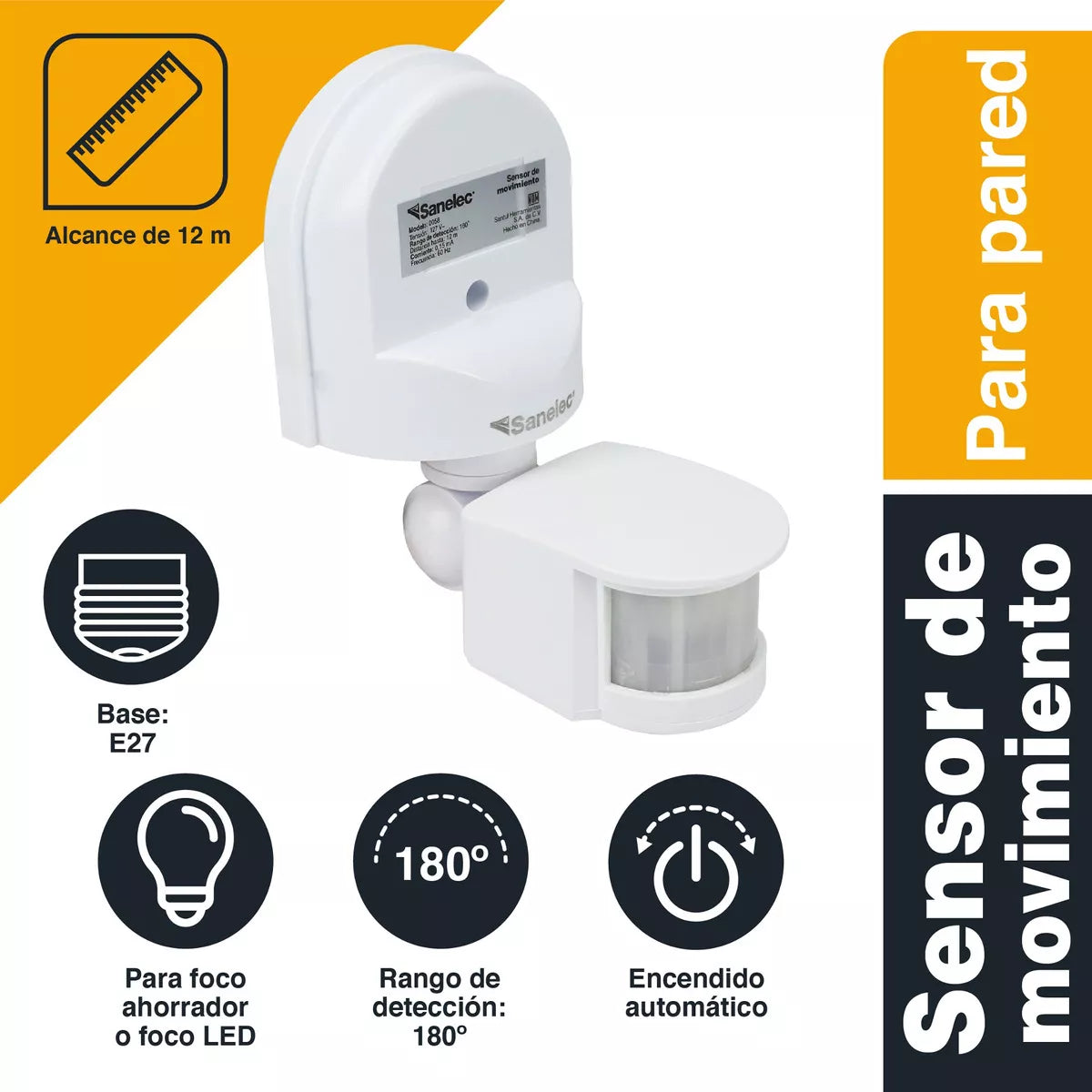Sensor De Movimiento Sanelec De Pared Ajustable 0058