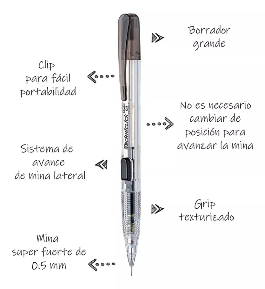 2 Lapicero Portaminas Pentel Techniclick 0.5mm con borrador