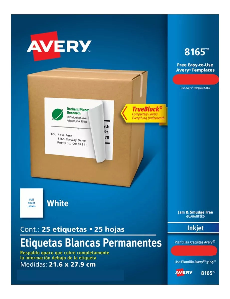25 Etiquetas Envio Blanca Avery 21.6 X 27.9 Cm Permanente