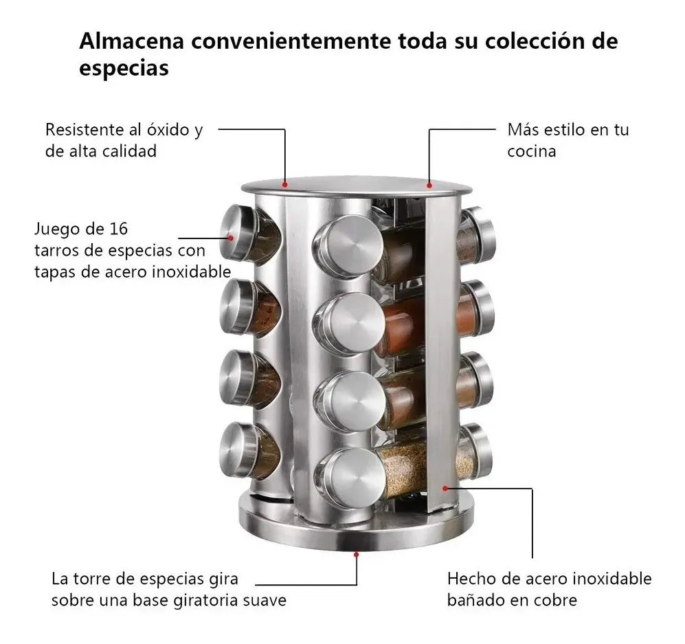 Especiero 9000 Alpro Carrusel 16 Frascos, Acero Inoxidable
