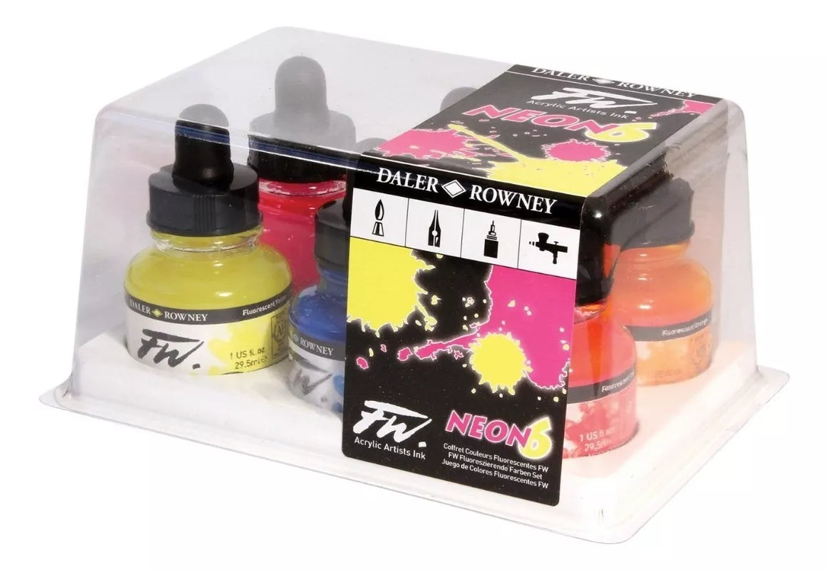 Set 6 Tinta Acrílica Líquida Fw Artist Daler Rowney 29.5ml Color Colores Neón