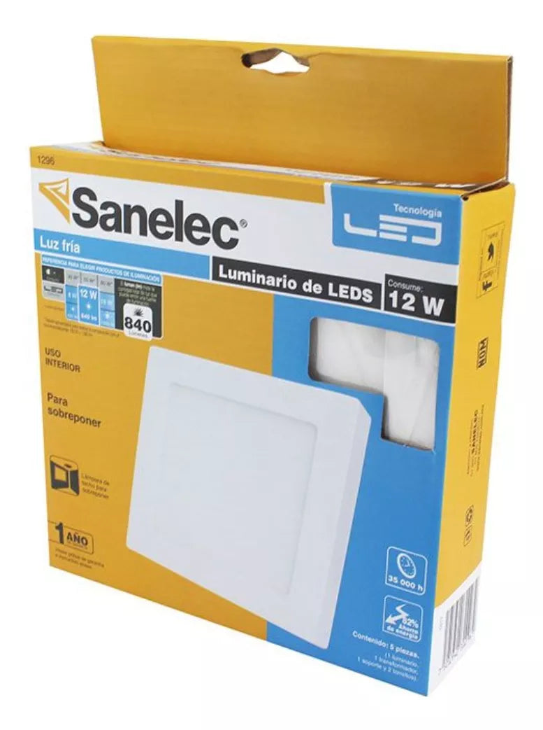 Lámpara Cuadrada Sobrepone 12w Luz Fría Sanelec Color Blanco