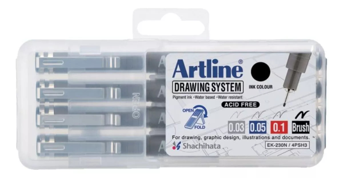 Set 4 Estilografos Artline 0.03, 0.05, 0.1 Mm Punta Pincel