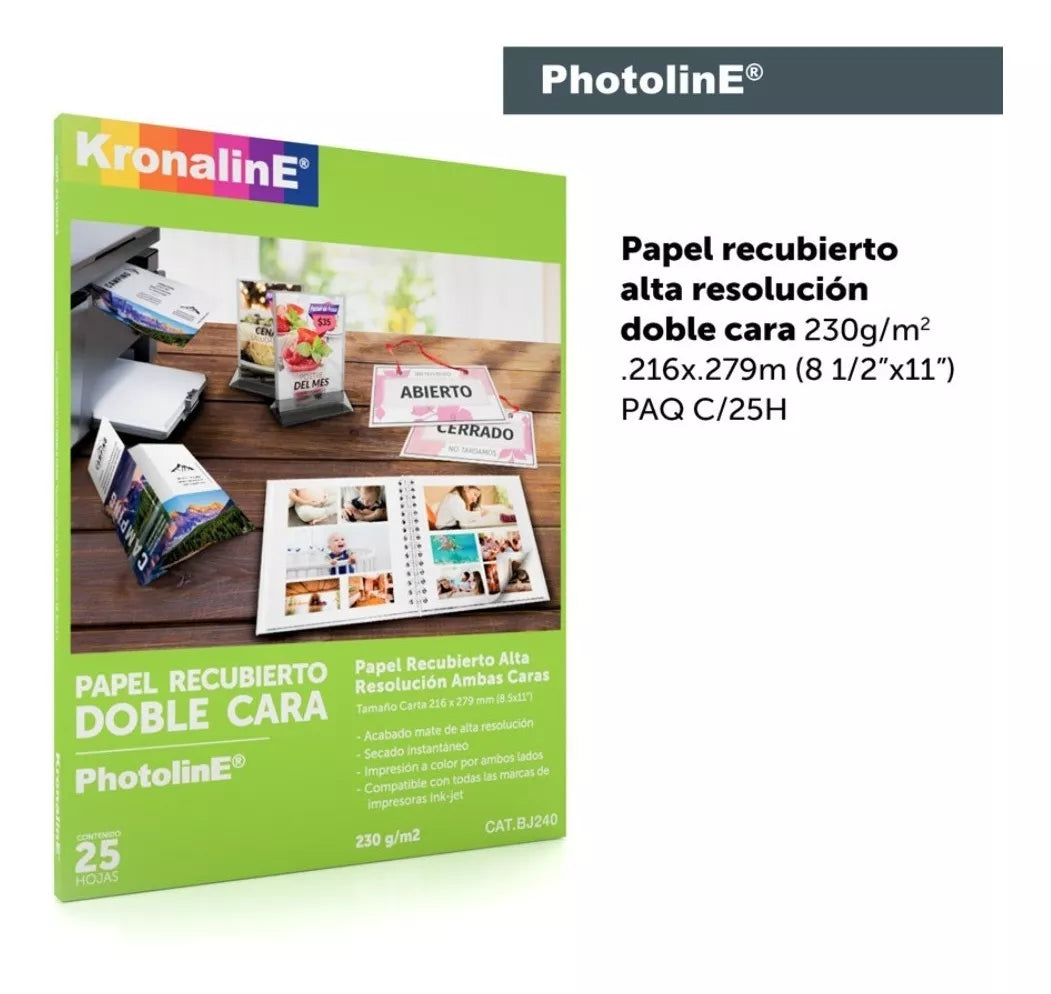 Papel Recubierto Alta Resolución Doble Cara Kronaline 25 Piezas