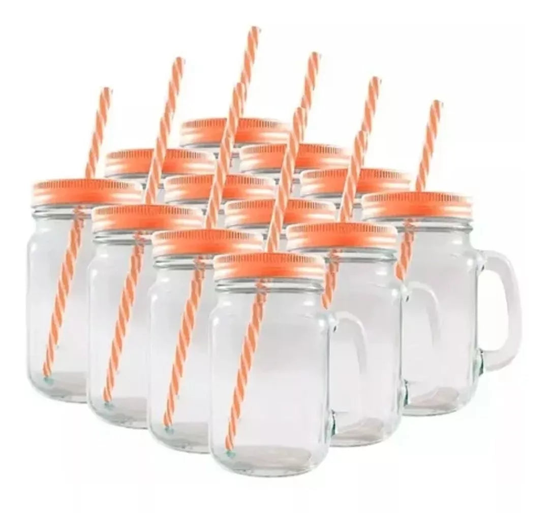 Tarros Mason Jar Liso Con Asa Tapa Y Popotes Mayoreo 12pack