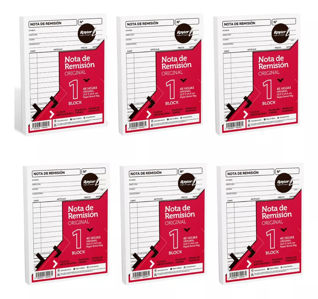 6 Block Nota Remisión 1/4 Rayter 45 Hojas C/u Original 56g
