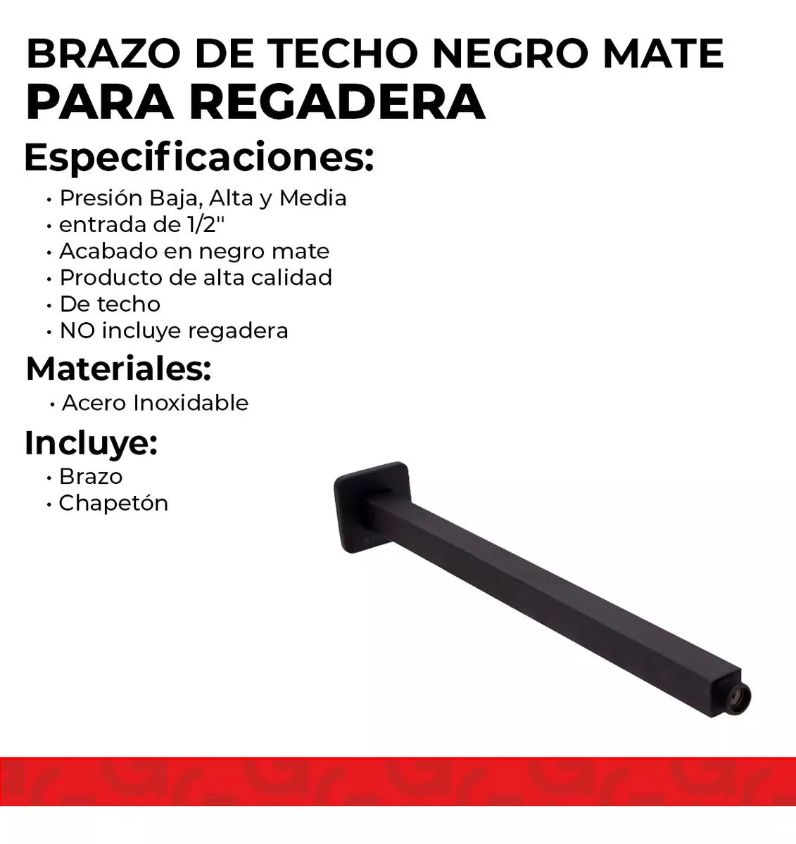 Cuello Techo Regadera Meer Negro Mate 40cm Acero Inoxidable