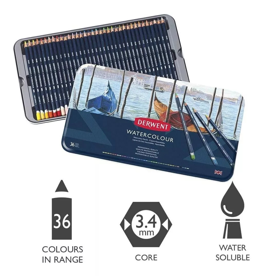 Lápices Derwent Acuarelables 36 Piezas Caja Metal