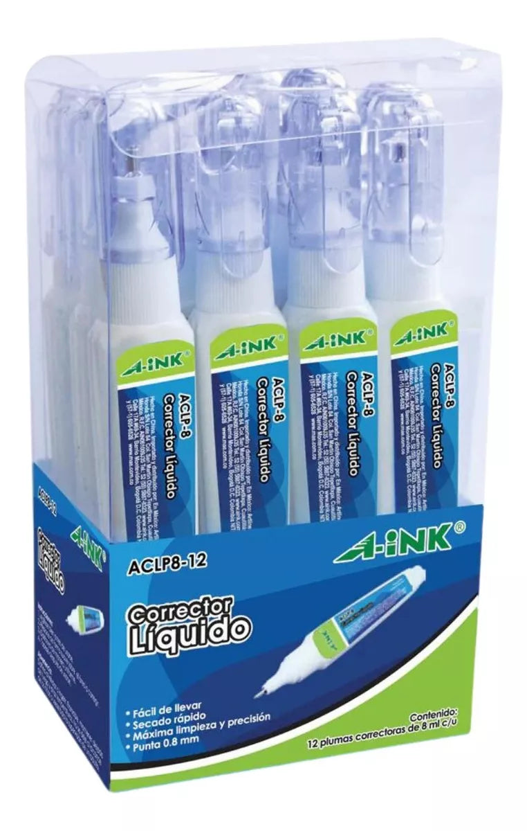 12pz Corrector Liquido 8ml A-ink Tipo Pluma Punta 0.8m