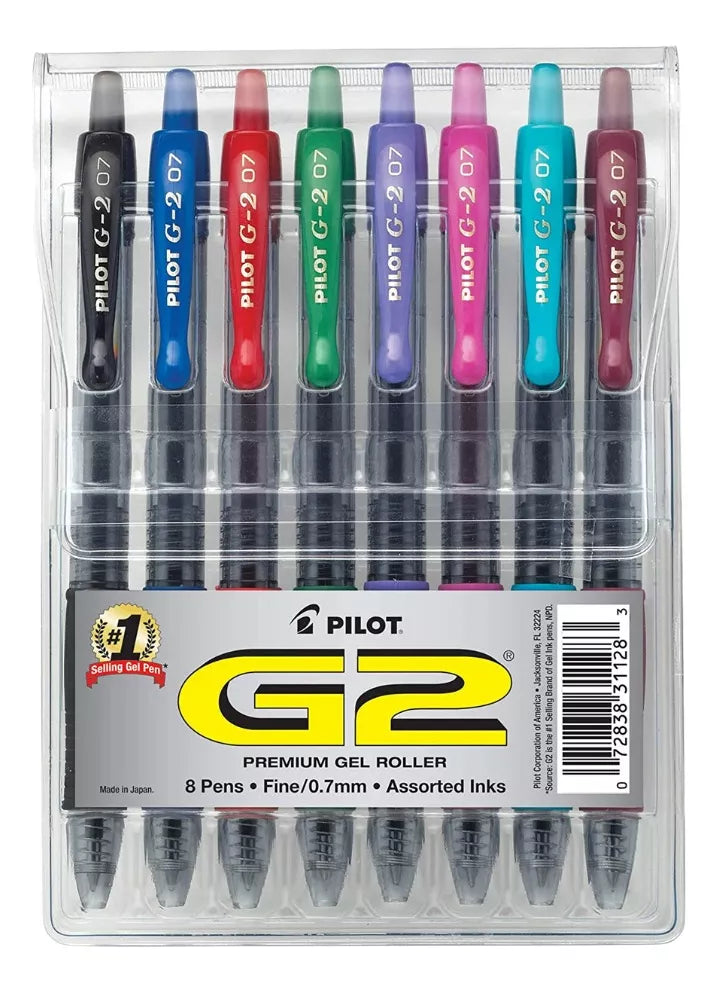 8 Bolígrafos Gel Pilot G2 Premium Recargables Trazo Fino