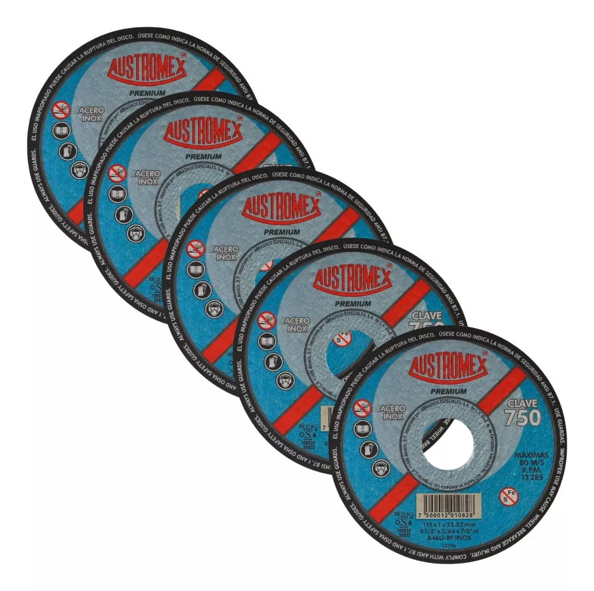 5pz Disco Corte Abrasivo 750 Austromex Grano 46 4-1/2'' Inox