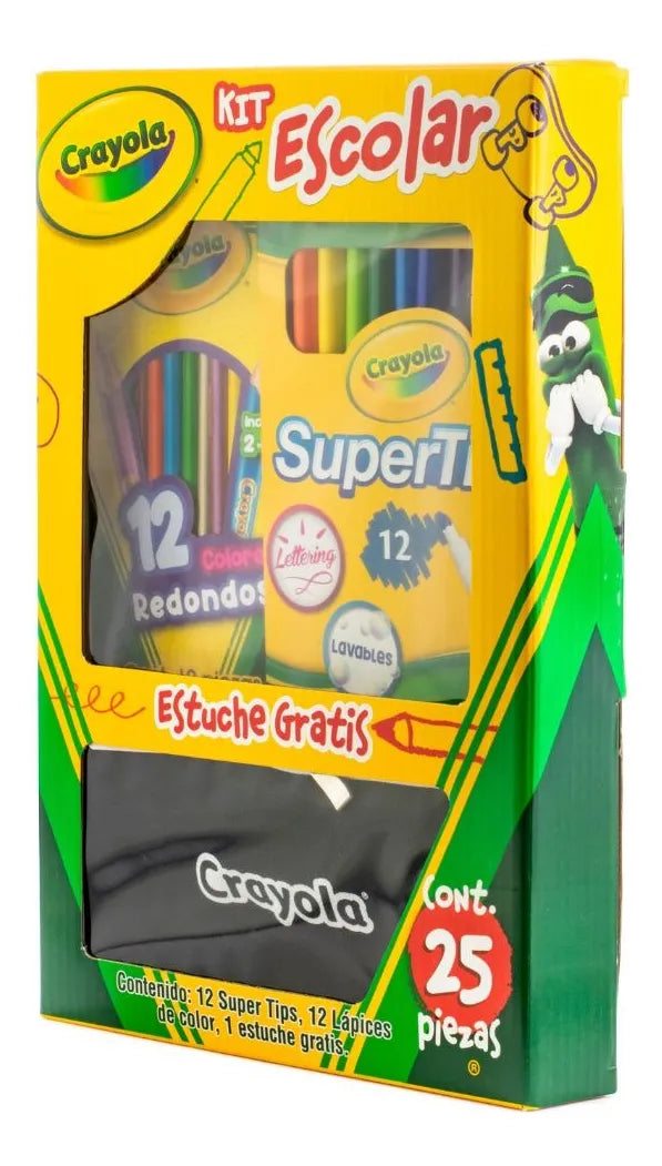 Kit Escolar Crayola 12 Supertips + 12 Lapiz Color + 1 Estuche