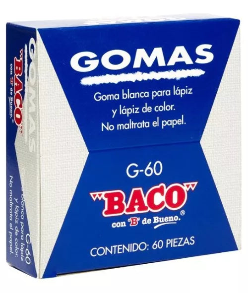 60 Gomas Blanca Plástica Baco Borrador Escolar Lápiz G60