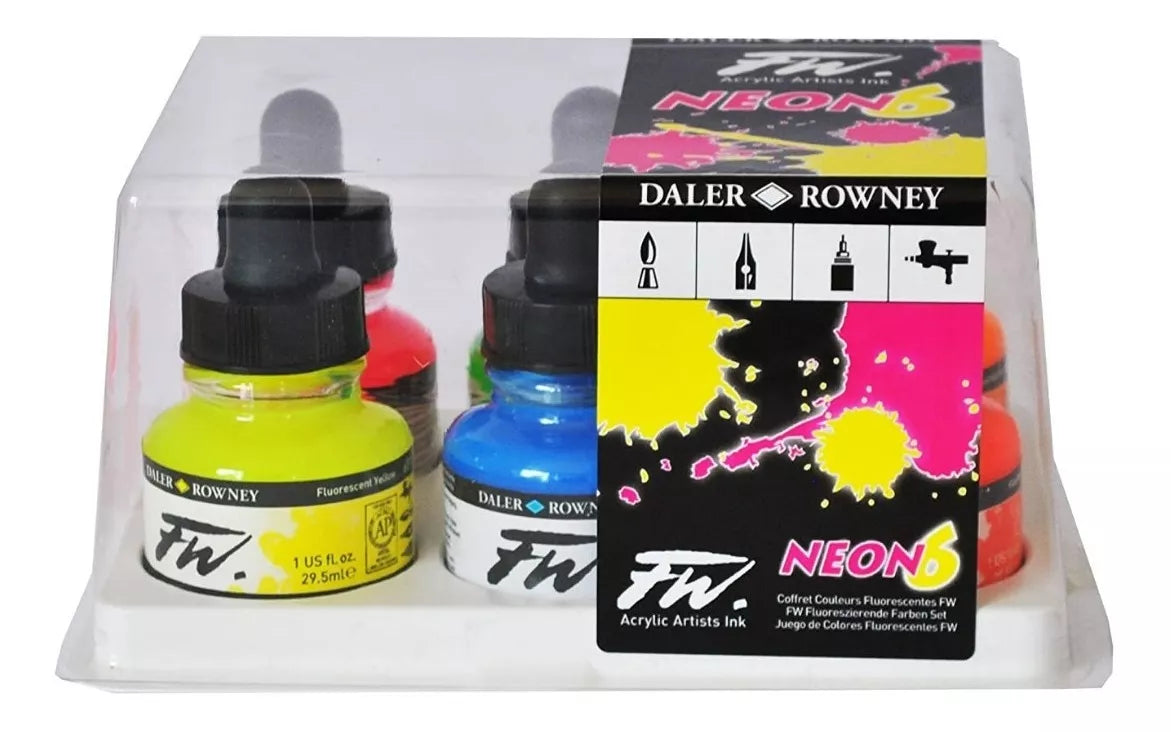 Set 6 Tinta Acrílica Líquida Fw Artist Daler Rowney 29.5ml Color Colores Neón
