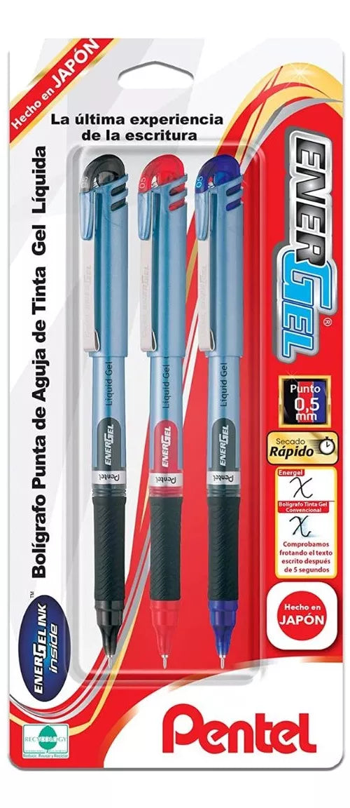 3 Bolígrafos Pentel Energel Tinta Gel Líquida 0.5mm Colores