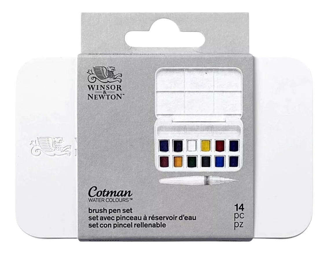 Winsor & Newton - Cotman - Juego de acuarelas, 12 medias pastillas y pincel