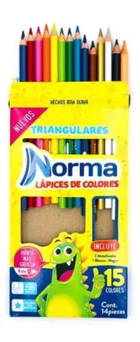 15 Lapices Colores Norma Triangular Punta Gruesa Escolar