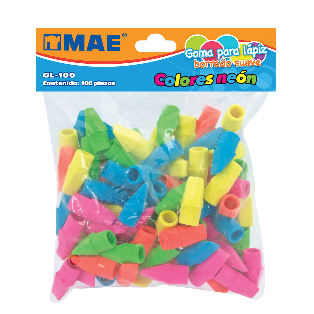 100 Gomas Neon Mae Tipo Capuchon Para Lapiz Colores Borrador