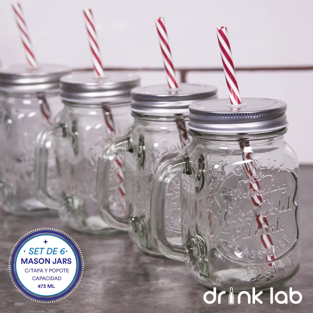 6 Tarros Mason Jar Ice Cold Drink Tapa Plata Y Popote Mayoreo Asa Drink Lab