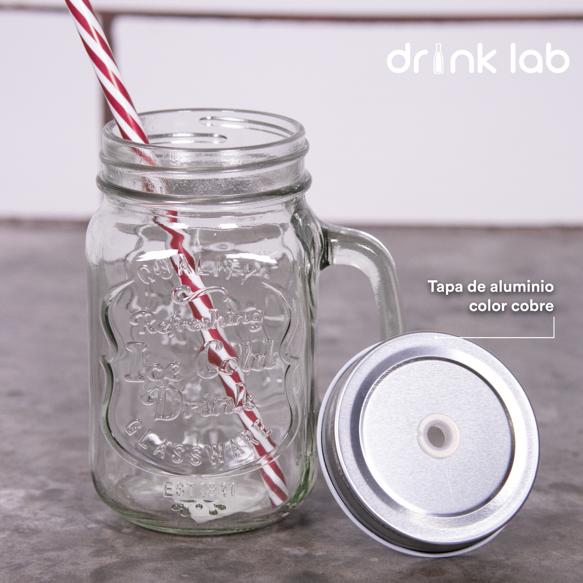 6 Tarros Mason Jar Ice Cold Drink Tapa Plata Y Popote Mayoreo Asa