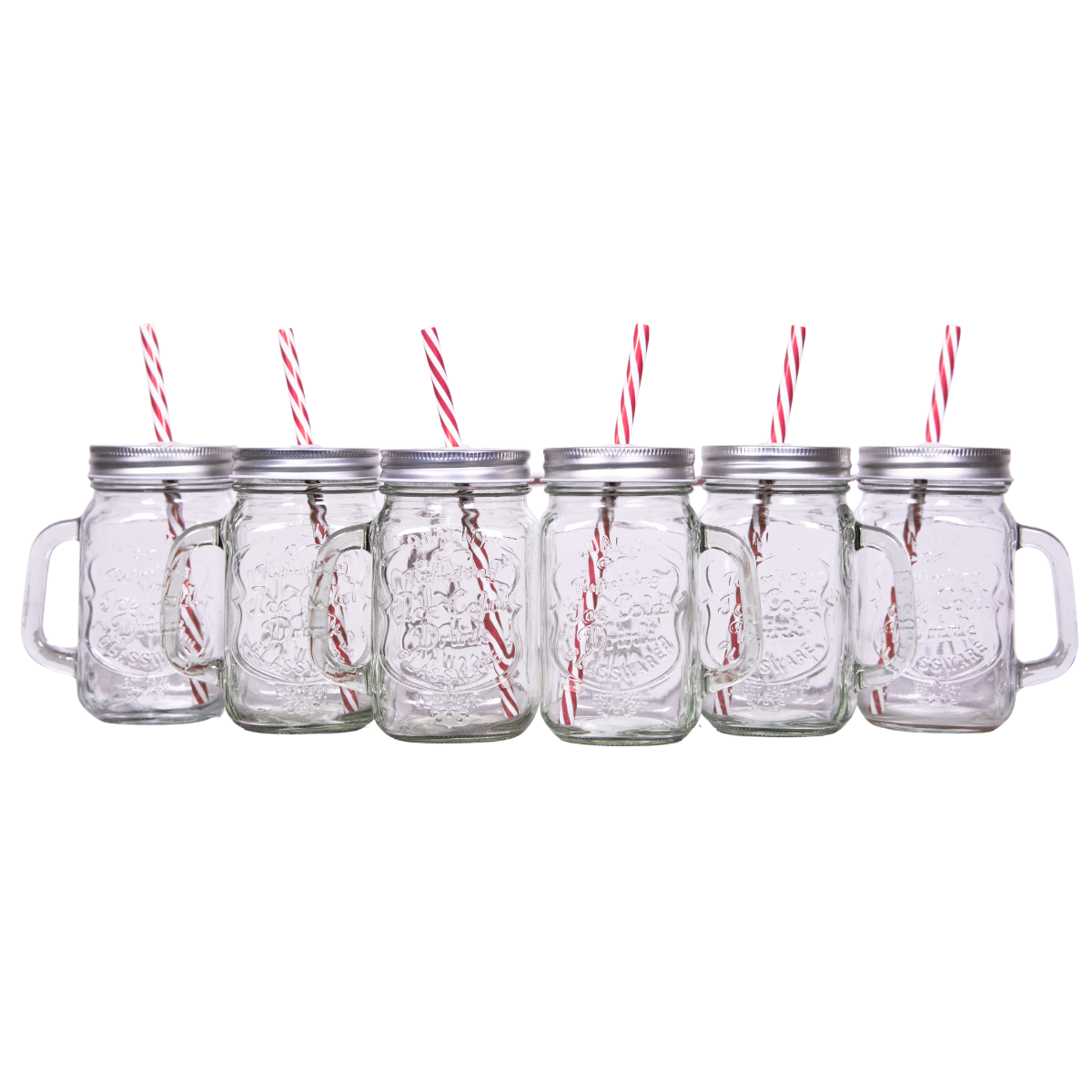 6 Tarros Mason Jar Ice Cold Drink Tapa Y Popote Mayoreo Asa Color Grabado Tapa Plata Hoyito