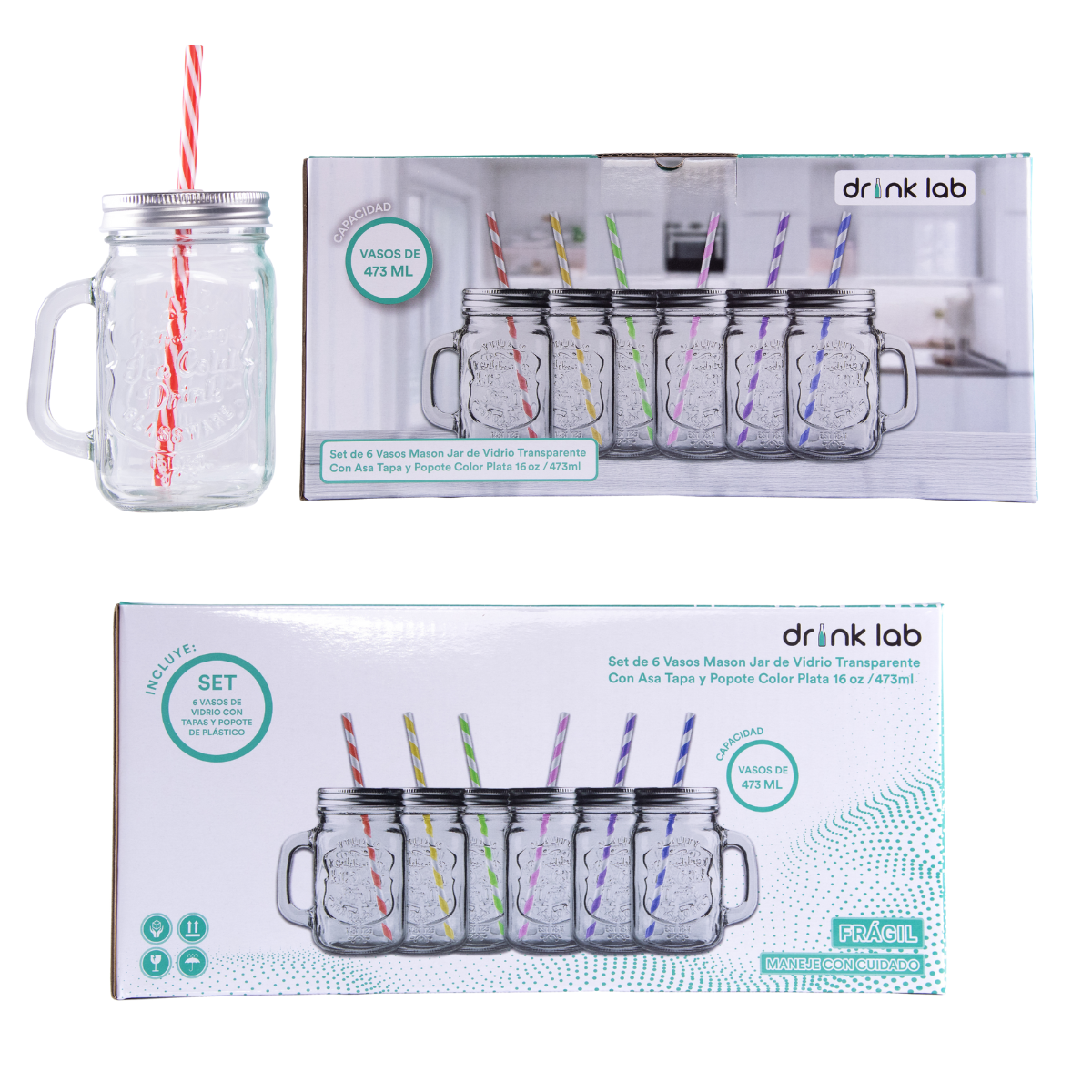 6 Tarros Mason Jar Ice Cold Drink Tapa Y Popote Mayoreo Asa Color Grabado Tapa Plata Hoyito