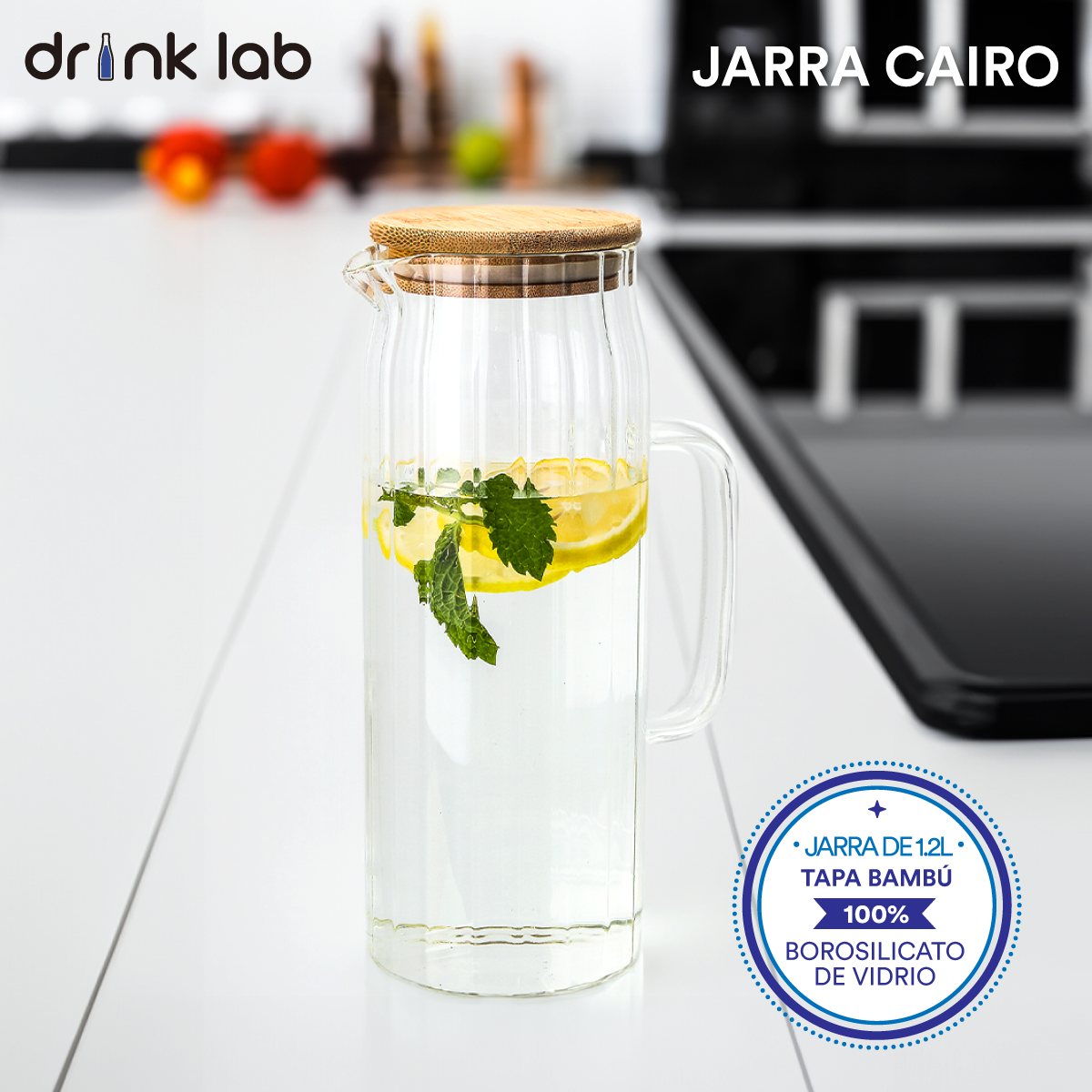 Jarra Cairo Tapa Bambu Vidrio 1.2 Litros Hogar Transparente