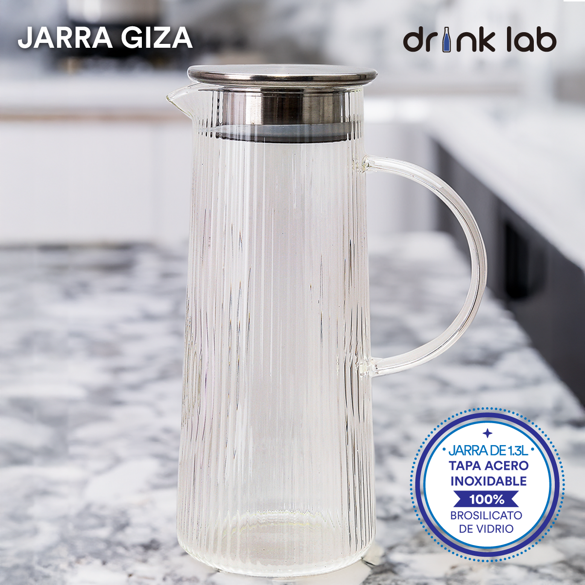 Jarra Vidrio Giza Tapa Acero Inoxidable 1.3 Litros Hogar