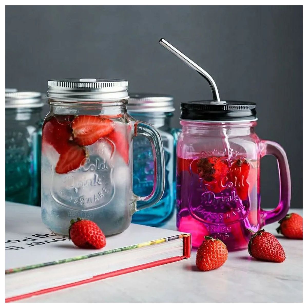 Juego 6 Tarros Mason Jar Asa Tapa + Jarra Vidrio Aurora 1l Transparente