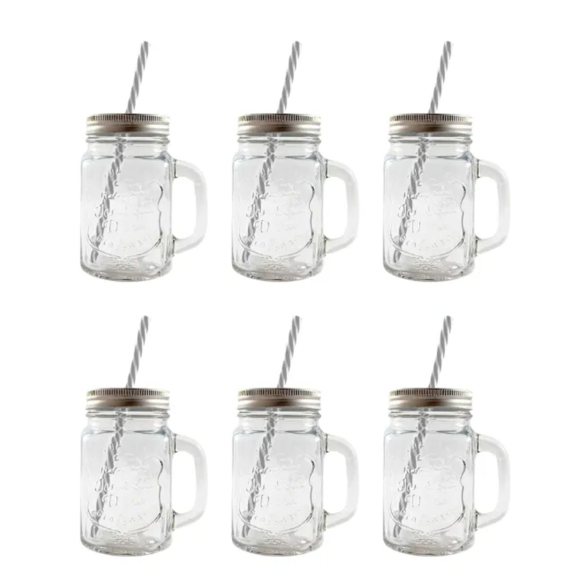 Juego 6 Tarros Mason Jar Asa Tapa + Jarra Vidrio Giza 1.3l Transparente Drink Lab