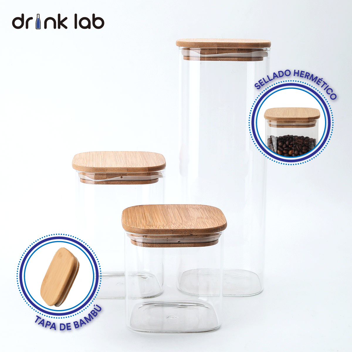 3 Recipientes Hermetico Vidrio Tapa Bambu - Drink Lab