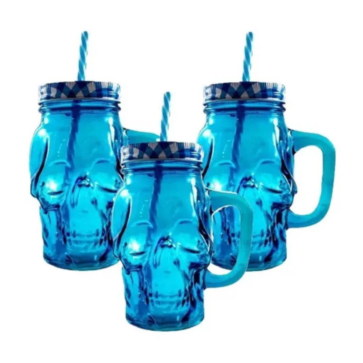 3pz Tarros Calavera Vaso Frasco Vidrio Mason Jars Cerveza Color Azul