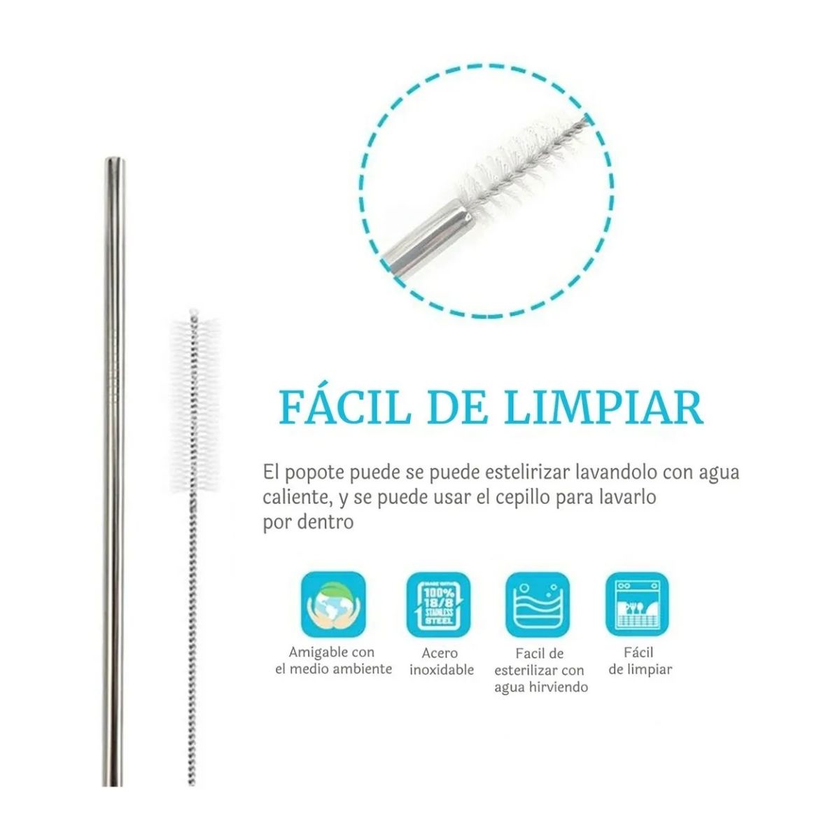 Set de 4 Popotes Reusables de Acero Inoxidable Rectos Ergonómico DRINKLAB