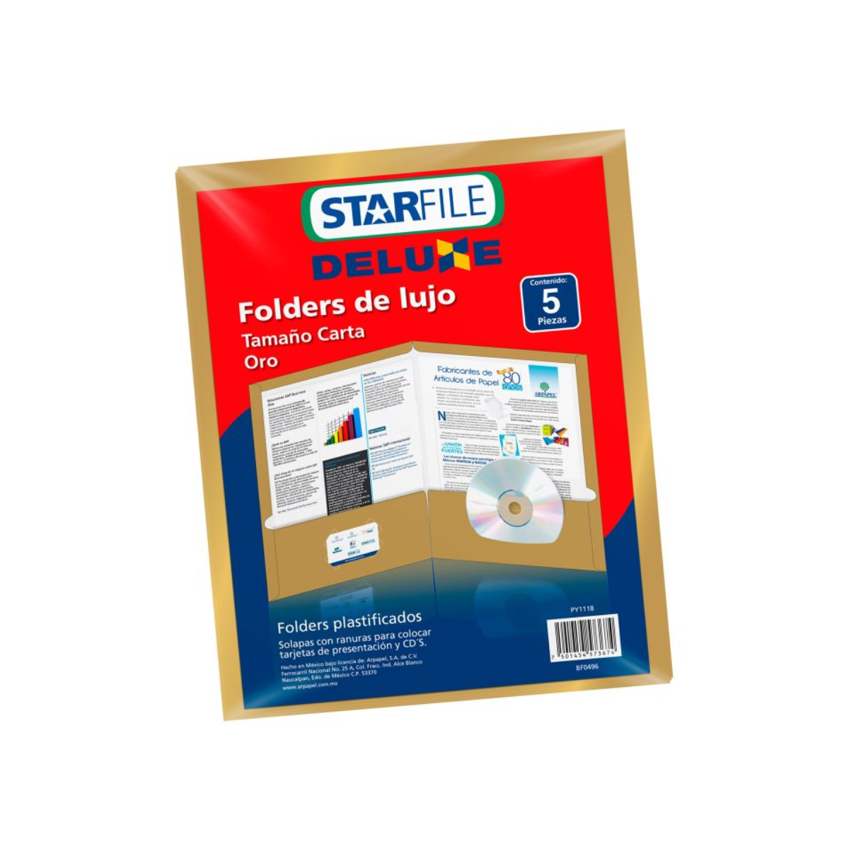 12paq. 5pzas Folder Carta Plastico Arpapel Dorado 23.5x29.5cm