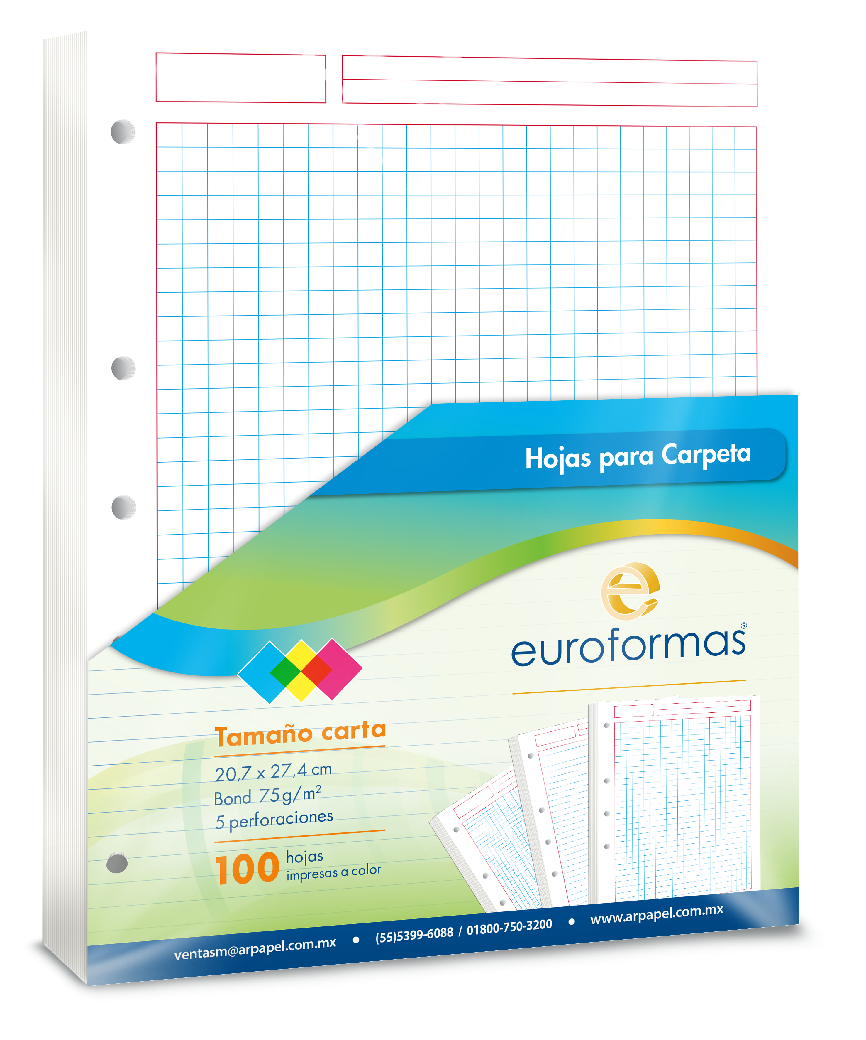 100 Hojas Carpeta Repuesto Euroformas Tamaño Carta 75g Cuadro Grande