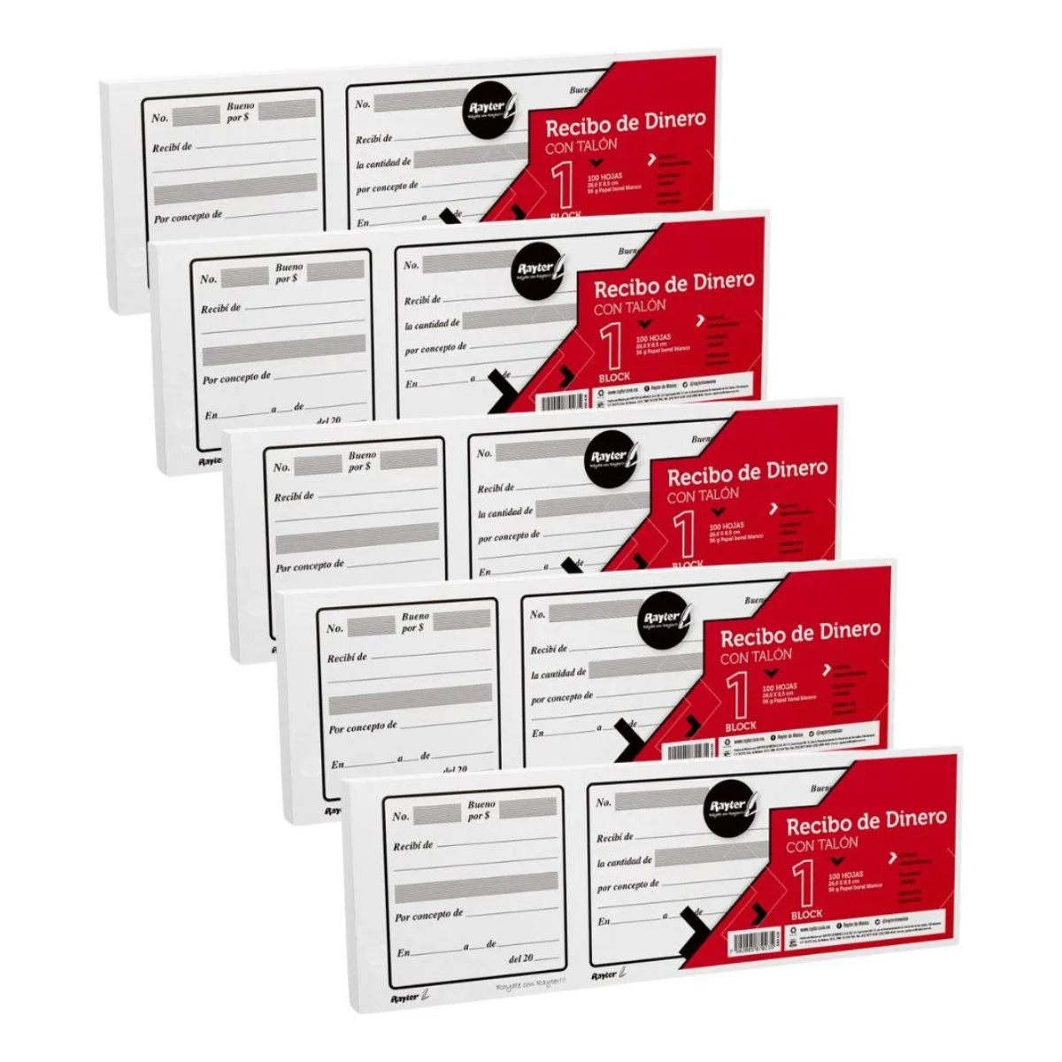 5 Blocks Recibo Dinero Largo Con Talon Rayter 100 Hojas