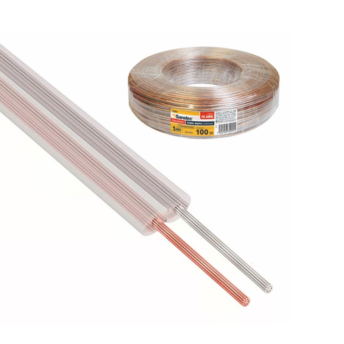 100m Cable Duplex p/ Bocina 18AWG Sanelec Transparente Polarizado