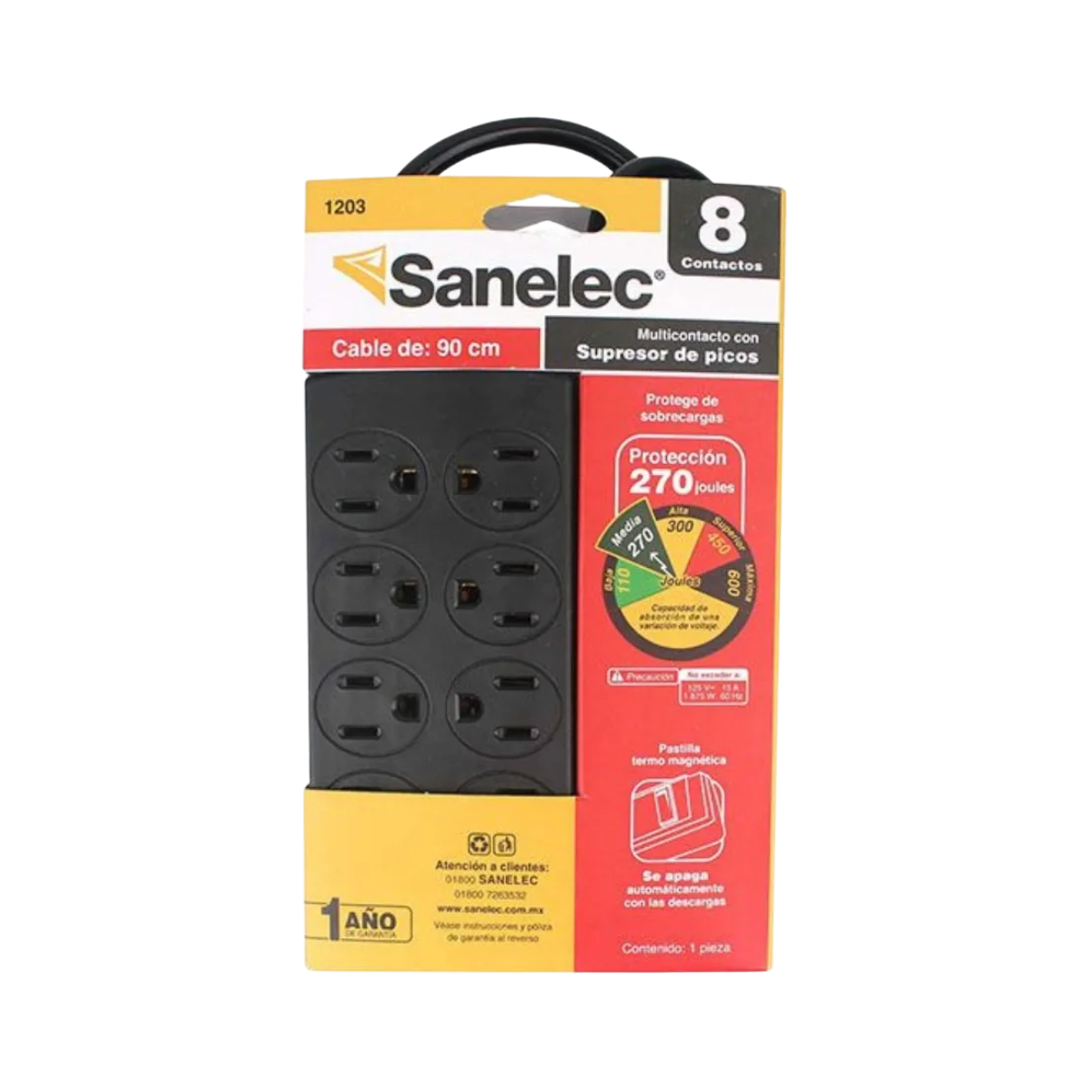 Multicontacto 8 Entradas Sanelec Supresor Picos Reforzado Negro