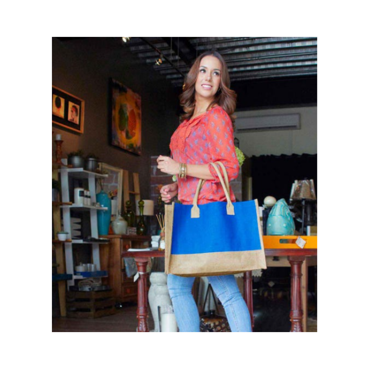 Bolsa Yute Promoopcion Color Azul Asas Redondas Serigrafia